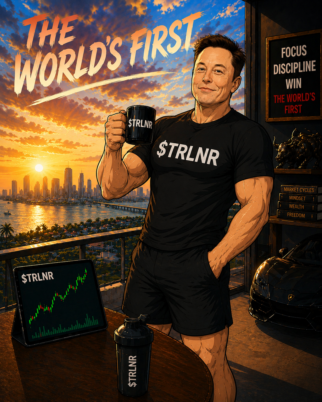 $TRLNR — The World's First. Trader holding a $TRLNR mug at sunset.